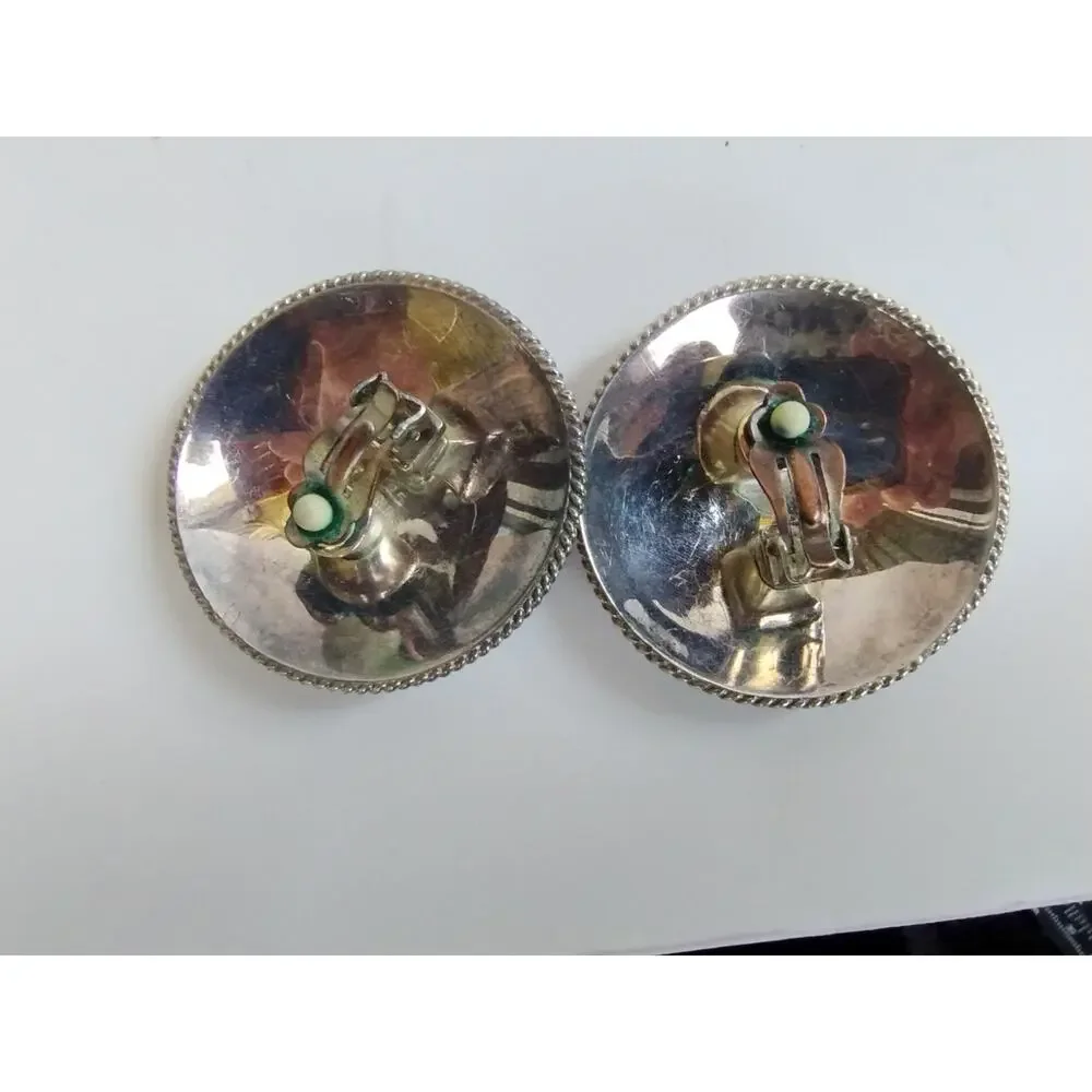 Vintage Sterling Silver Doorknocker Round Puffy Dome Rope Edge Clip Earrings